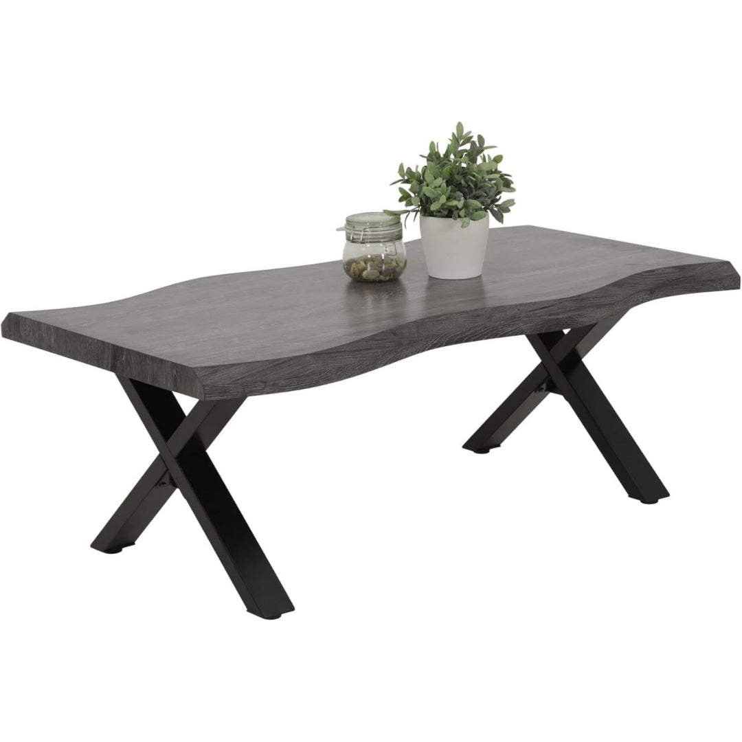 hela tische baumkantentisch couchtisch gerd x-gestell metall schwarz wabenplatte melaminbeschichtet dekor akazie grau 110x60cm