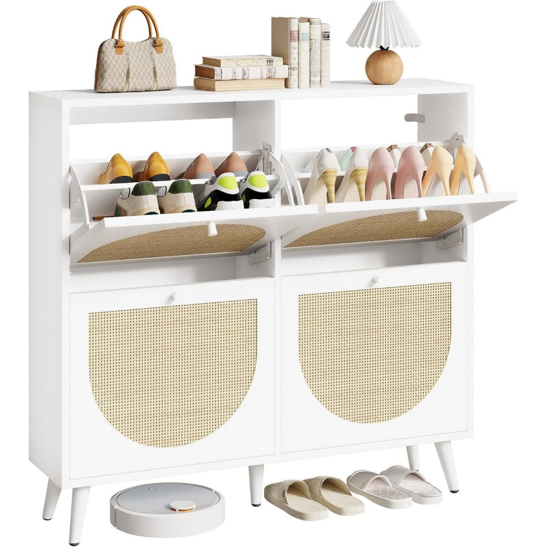 ironck schuhschrank rattan schmal schuhkipper mit 4 klappen weiss freistehende schuhregal schuhkommode mit verstellbaren trennwaende schuhablage schrank fuer flur eingang 100x24x95cm