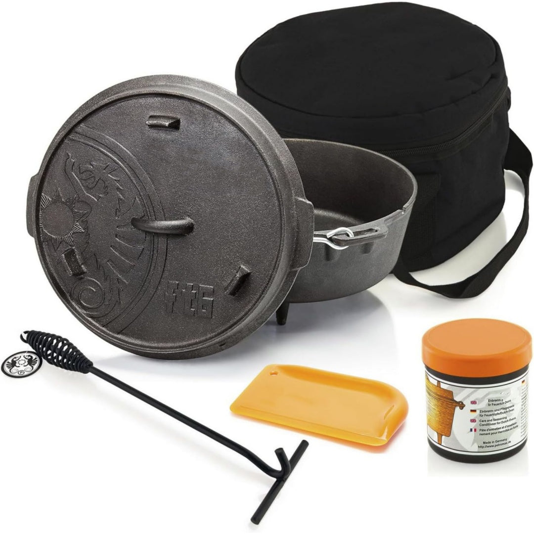 feuertopf ft6 einsteiger-set - dutch oven mit standfuessen inklusive aufbewahrungstasche deckelheber pflegepaste und schaber - fuer alle grillarten und offenes feuer - 55 liter