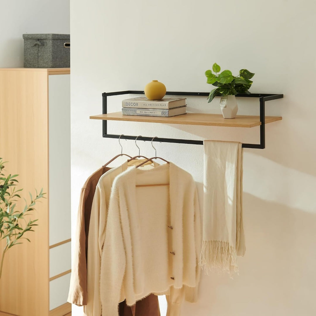 encasa wandgarderobe evje 80 x 30 x 20 cm eicheoptikschwarz wandgarderobe mit ablage wandregal mit kleiderstange haengeregal hutablage fuer eingang flur