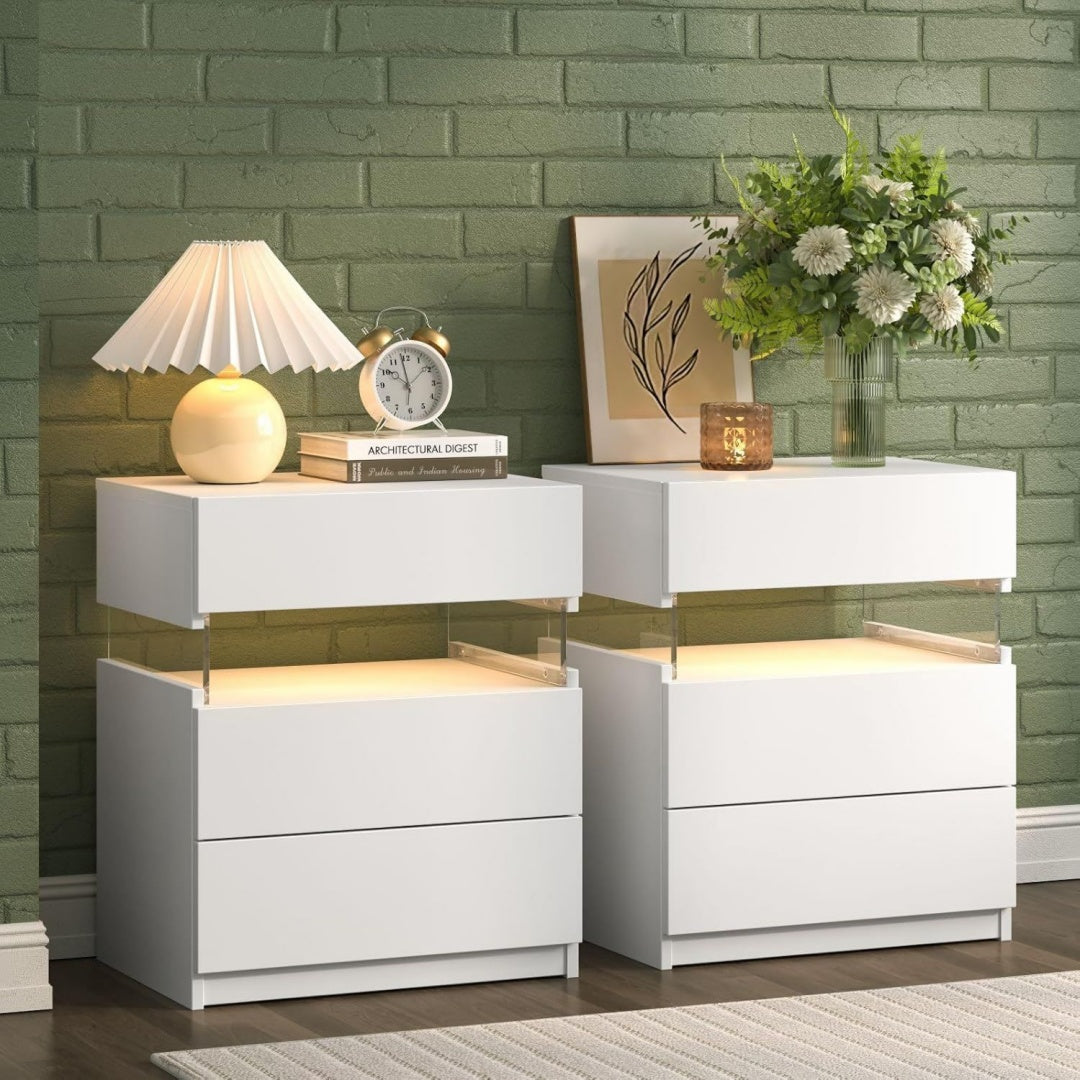 cubehom nachttisch 2er set weiss nachtschrank mit 3 schubladen beistellschrank nachttisch mit lichtemittierende diode-beleuchtung fuer schlafzimmer weiss