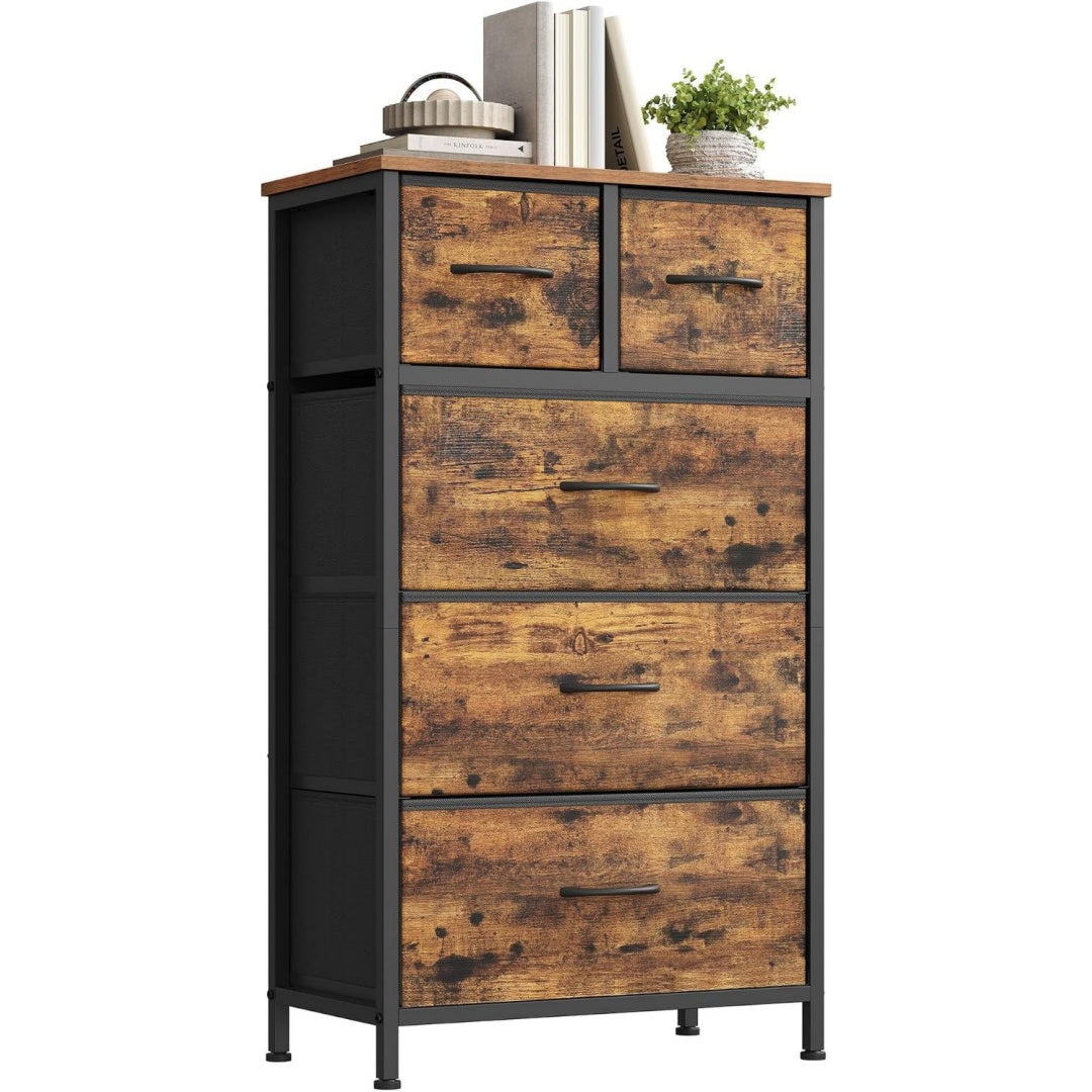 kommode mit 5 stoffschubladen aufbewahrungsschrank schrank fuer schlafzimmer wohnzimmer flur stahlgestell 506 x 30 x 962 cm rustikales braun bellah kollektion lgs431k101