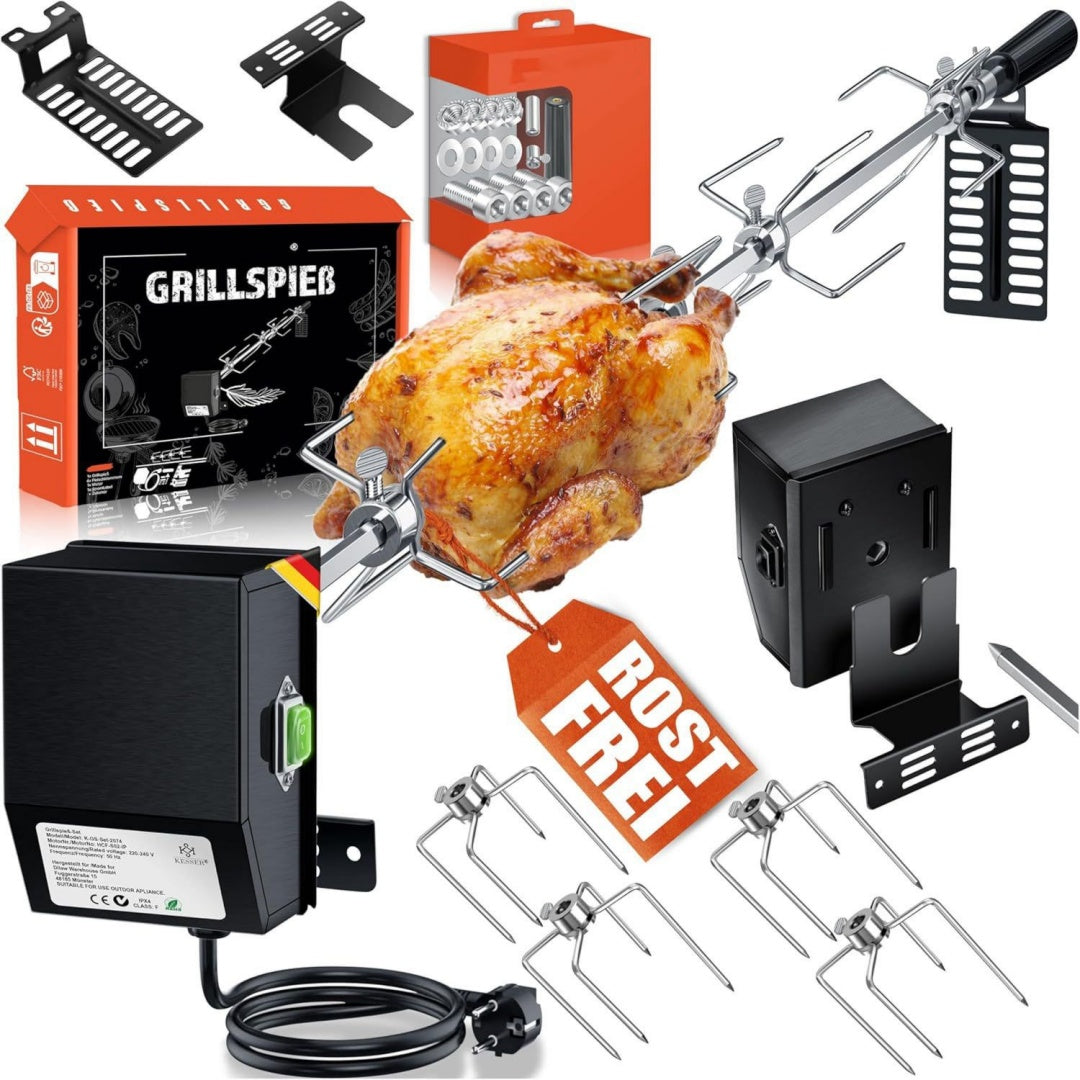 edelstahl grillspiess set 107cm passend fuer spirit gasgrill grill fleischklammer griffstueck und motor elektrischer drehspiess 220v - 240v inkl 4x fleischnadeln und montagezubehoer schwarz